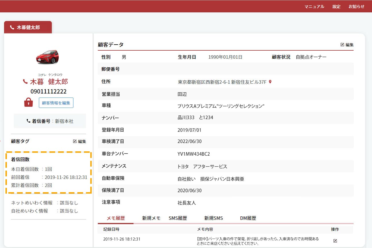 当日着信数/トータル着信件数